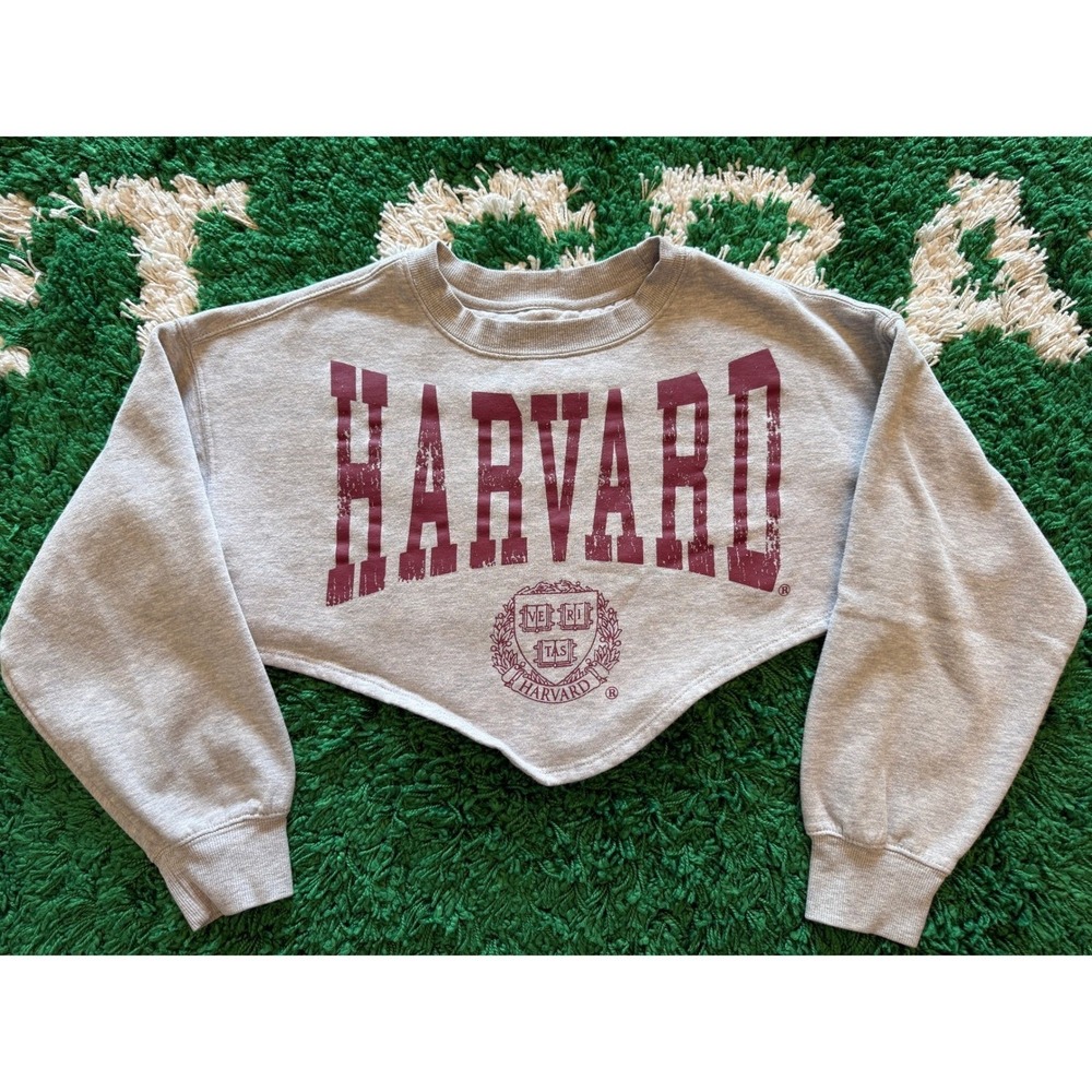 Harvard University Cropped Sweatshirt Womens S Grey Good Distressed Raw Hem